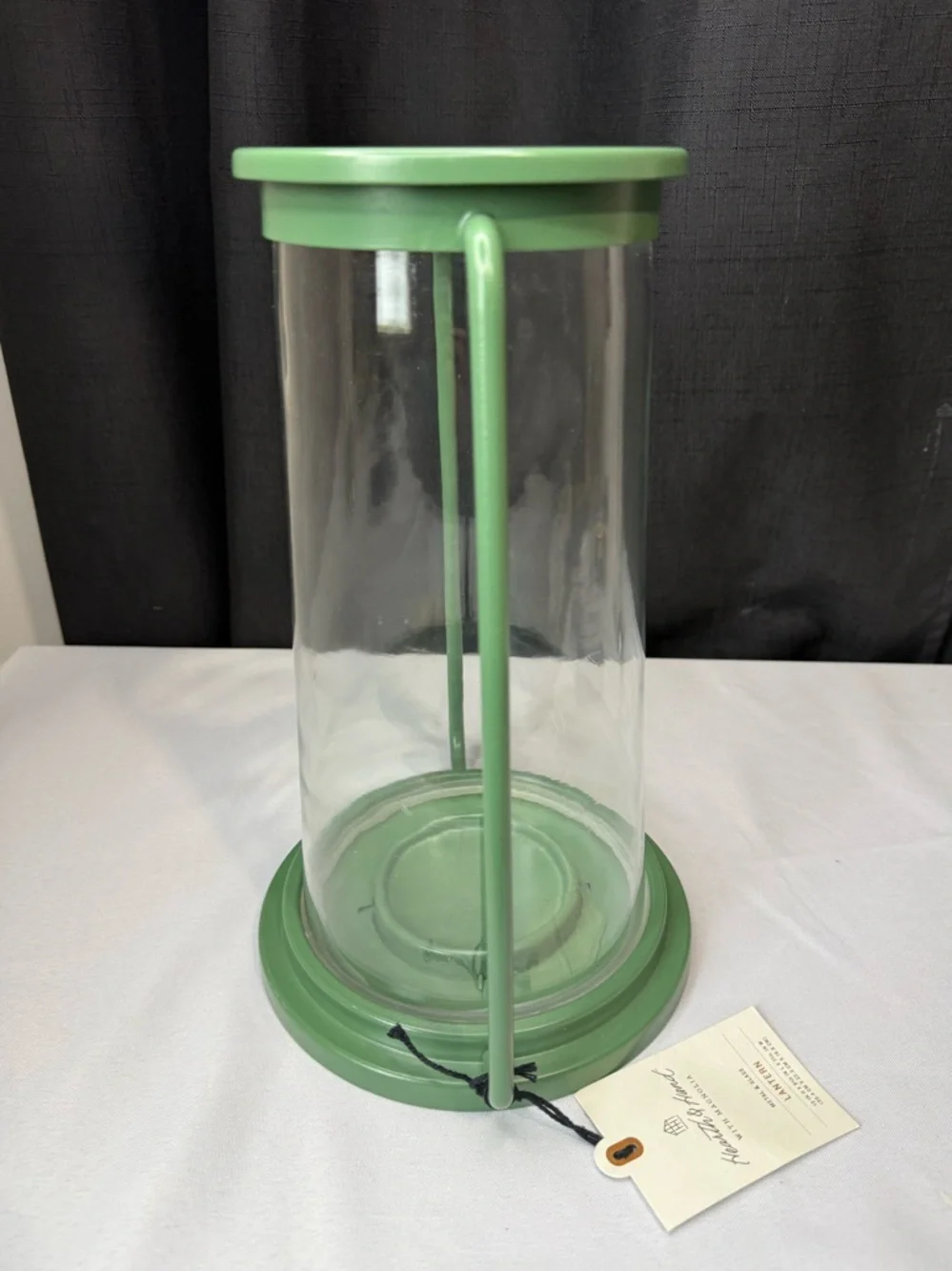 Hearth & Hand Pillar Glass & Green Metal Hurricane Candle Lantern -NWT